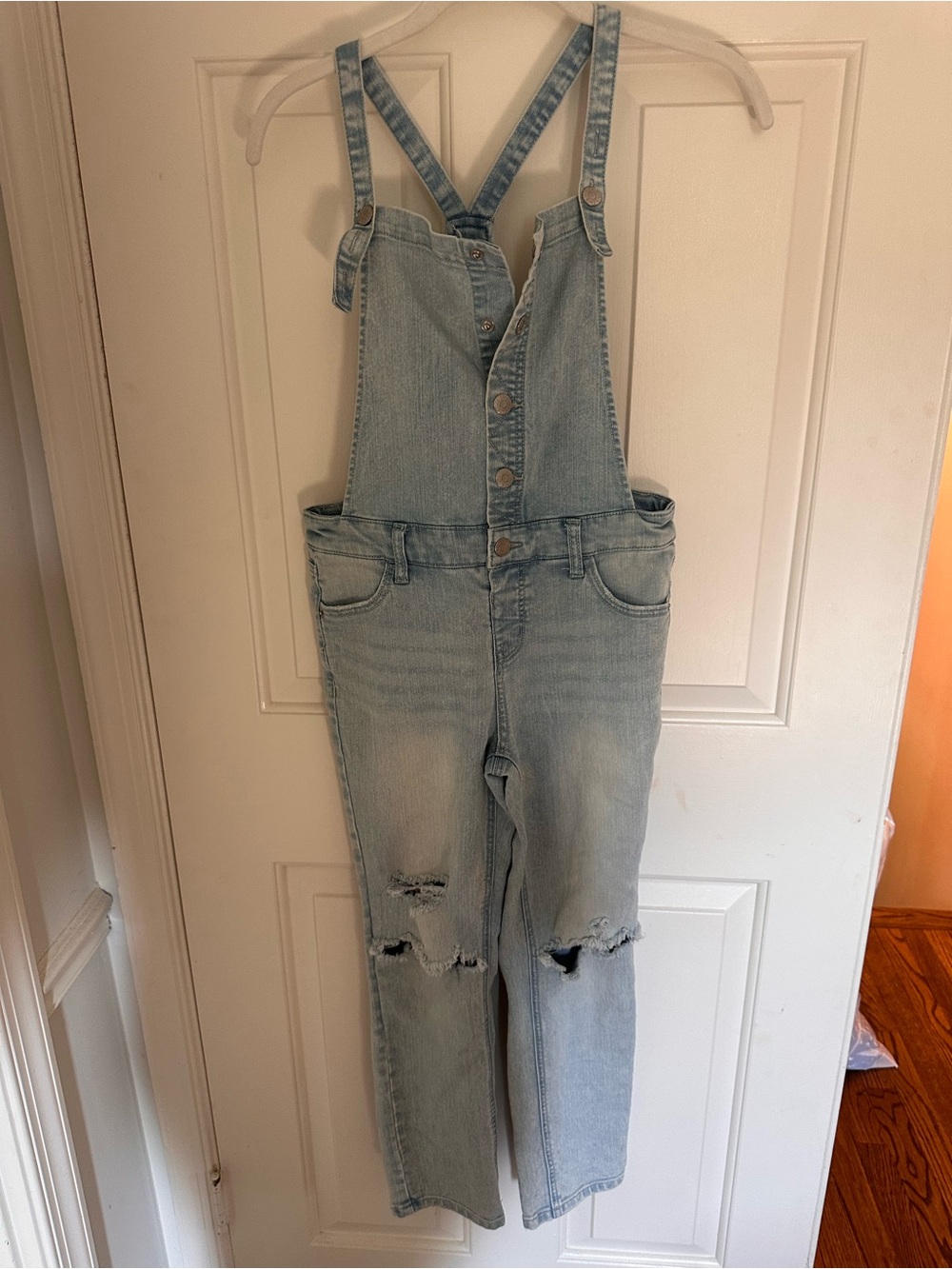 Adorable Light Wash Distressed Denim Overalls